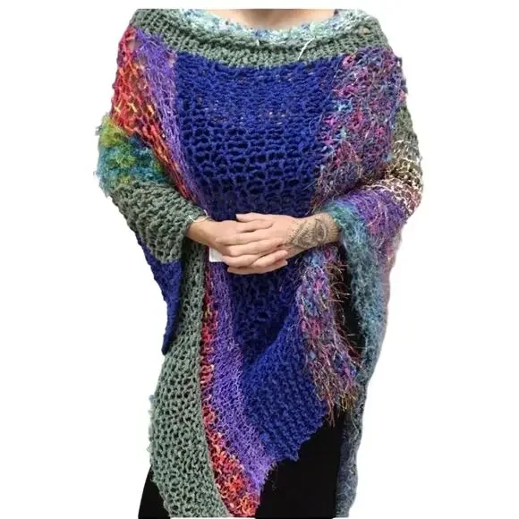 One of a Kind Handcrafted Art Knit Poncho Boho Psychedelic Statement Piece - Picture 2 of 4